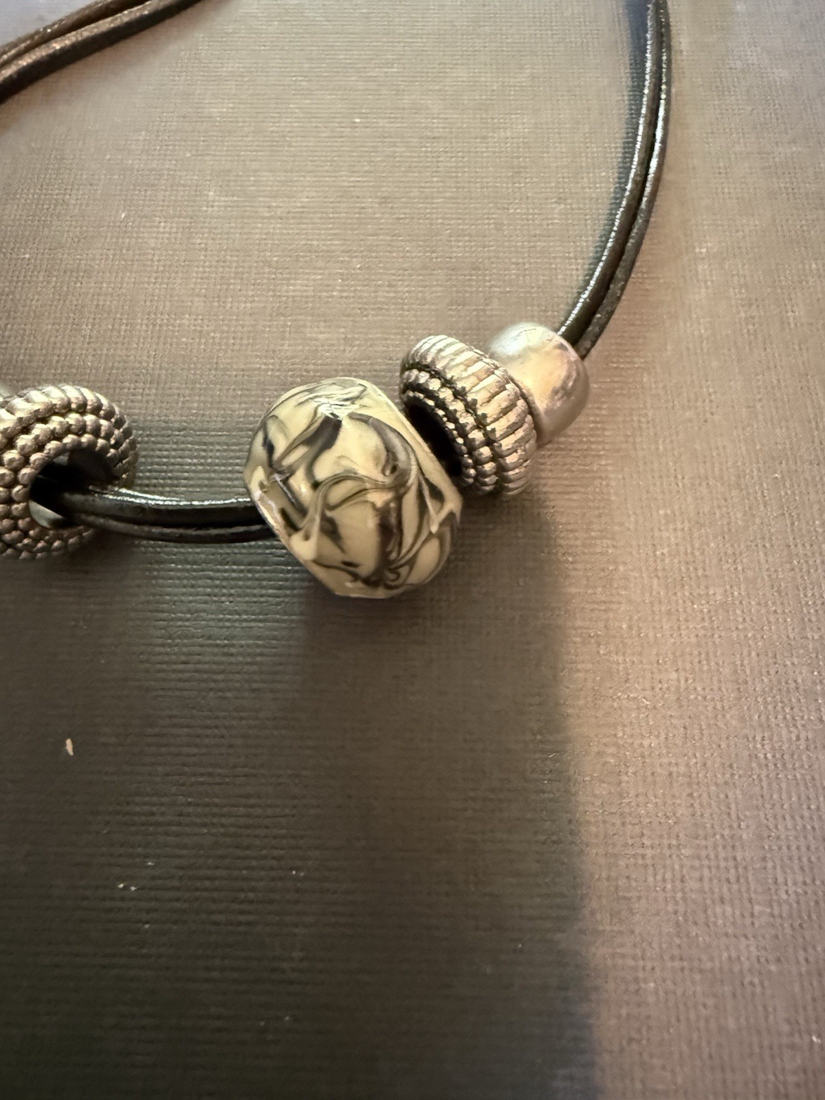 Chico’s Women’s Necklace – Black Faux Leather W Lg Painted Bead + 4 Silver Bead