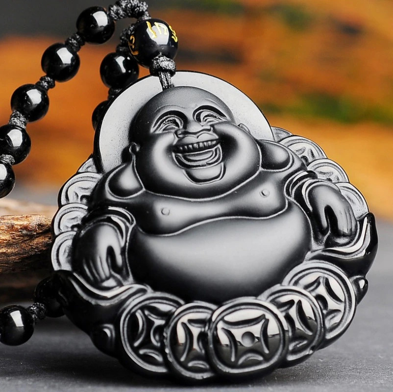 Men’s Fashion Jewelry Frosted Black Stone Beaded Buddha Pendant Necklace 490