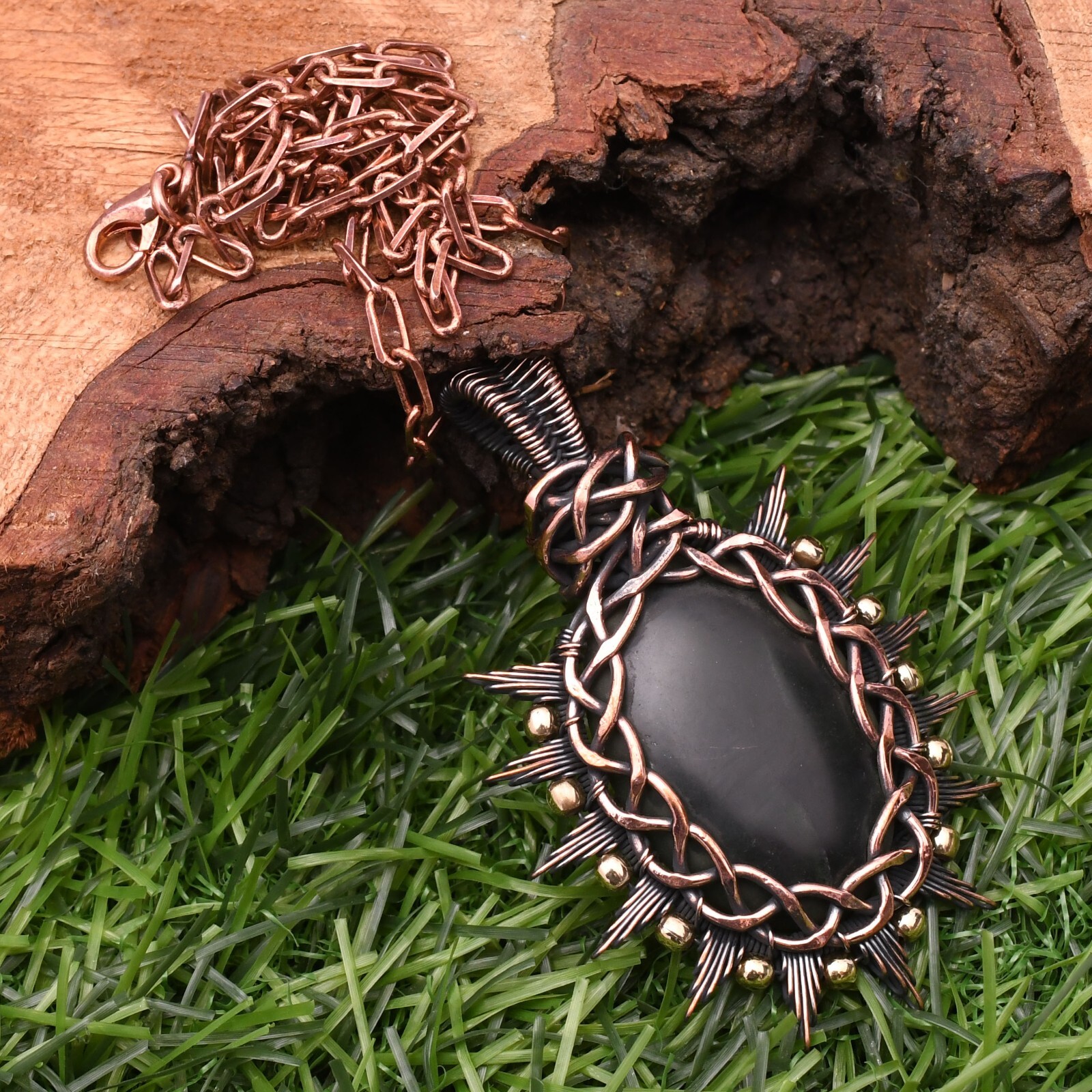 Serpentine Gemstone Copper Wire Wrap Handmade Jewelry Pendant 2.28″