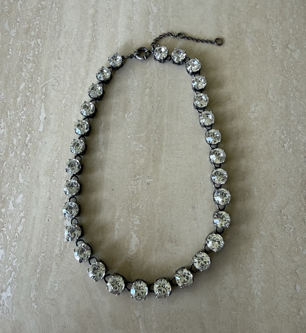 Silver Tone Clear Crystal Tennis Chain Necklace 16in Adjustable Spring Ring