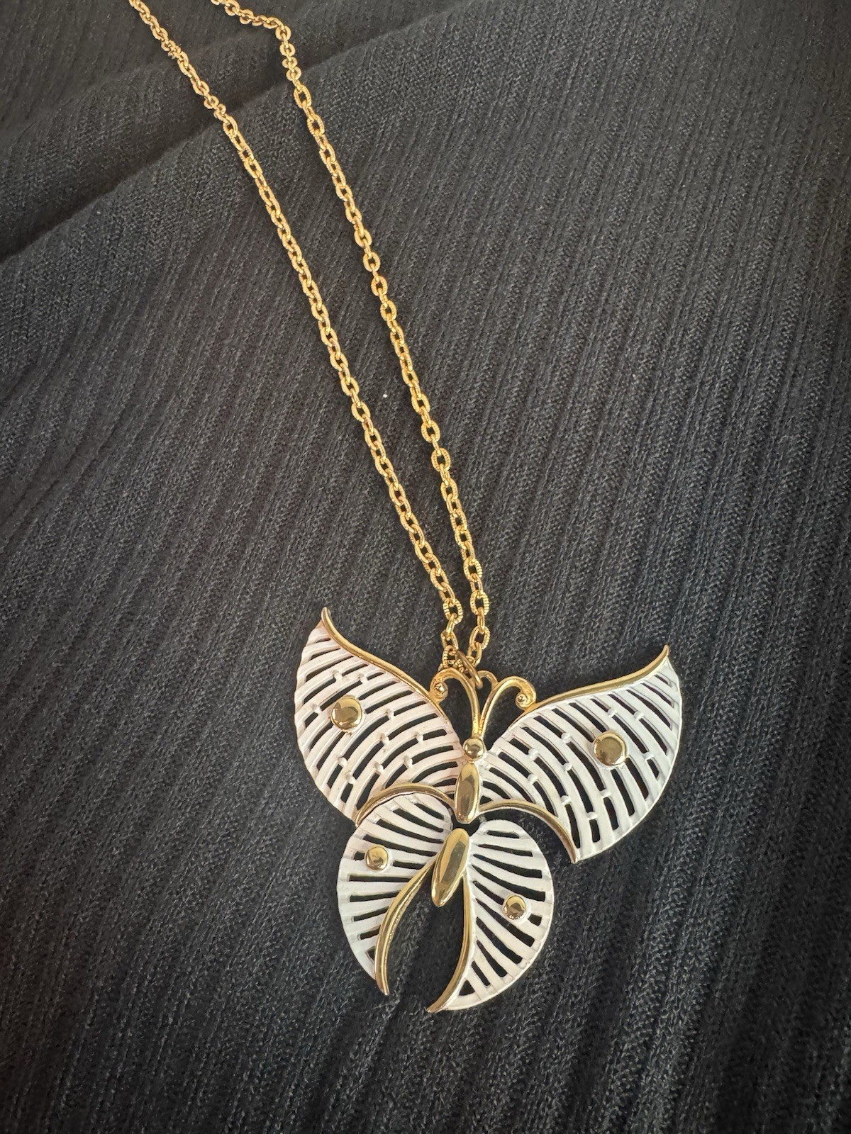 Vintage Butterfly Necklace White And Gold On Long Gold Tone Chain