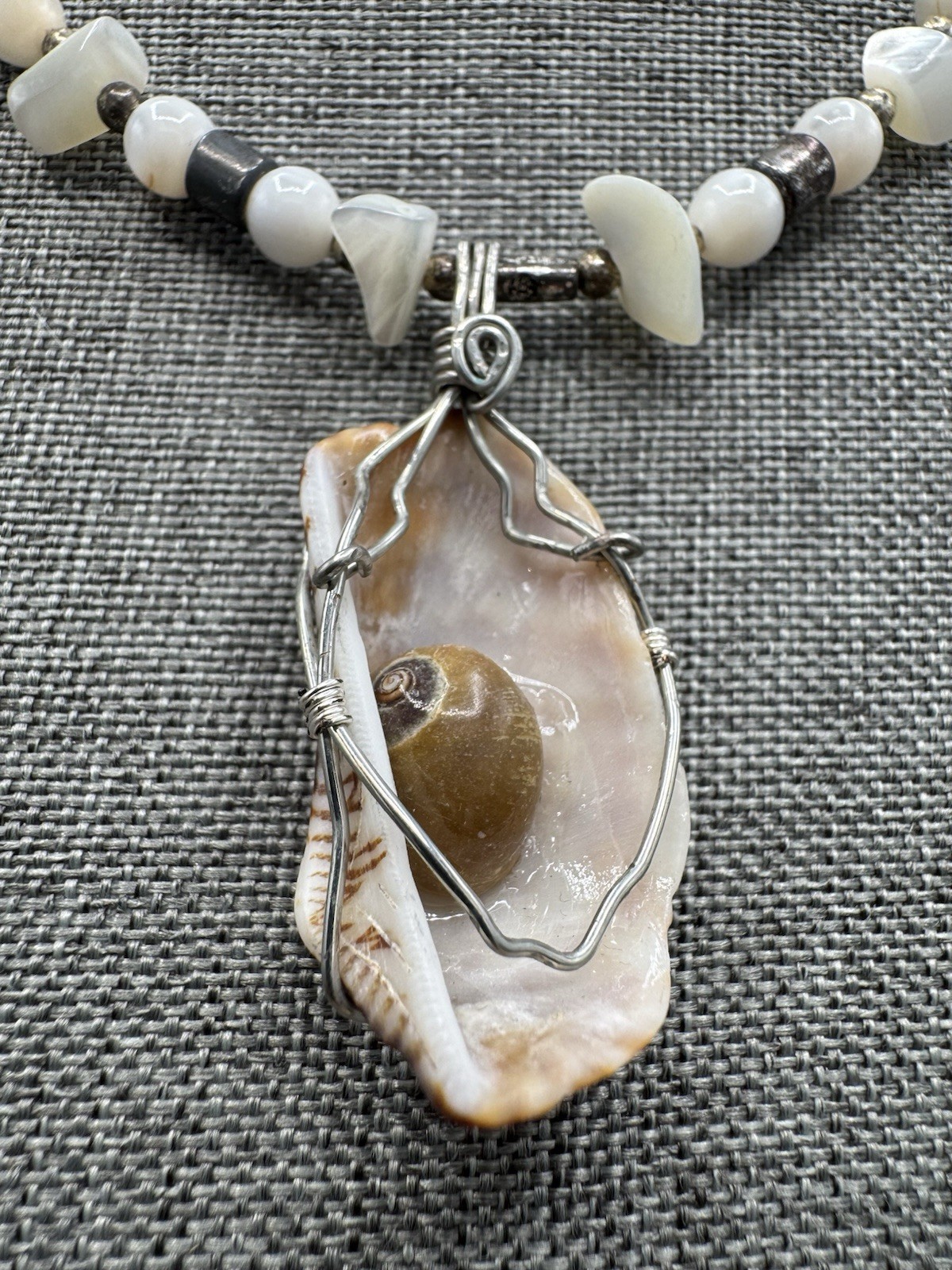 Shell Pendant Necklace Reversible Natural Shell Bead Boho Coastal 18.5”