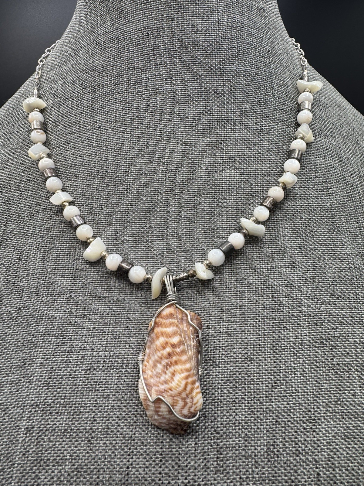 Shell Pendant Necklace Reversible Natural Shell Bead Boho Coastal 18.5”