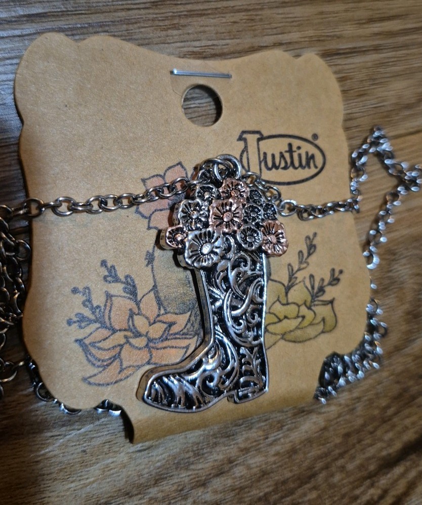Justin Necklace Boot Charm with Flowers Long Chain Western Jewelry NWT