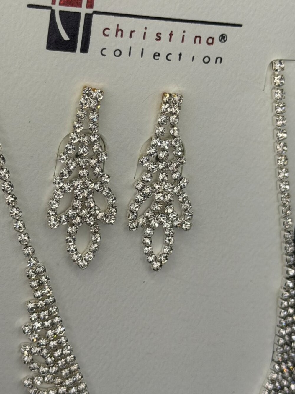 Christina Collection Silver Tone Rhinestone Statement Necklace & Earrings Bridal