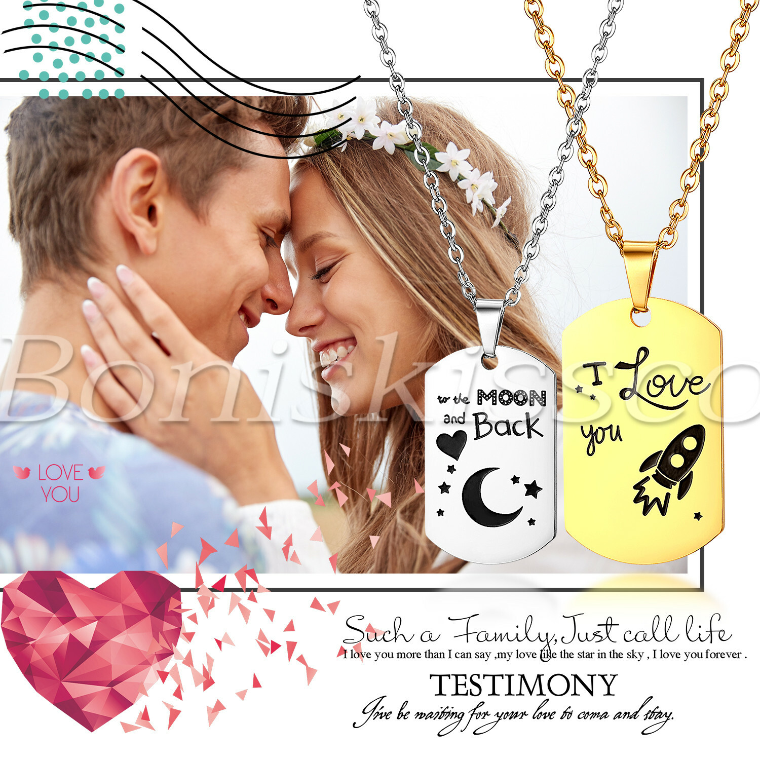 2pcs Couples Stainless Steel Matching Pendant Necklaces For Valentine’s Day Gift