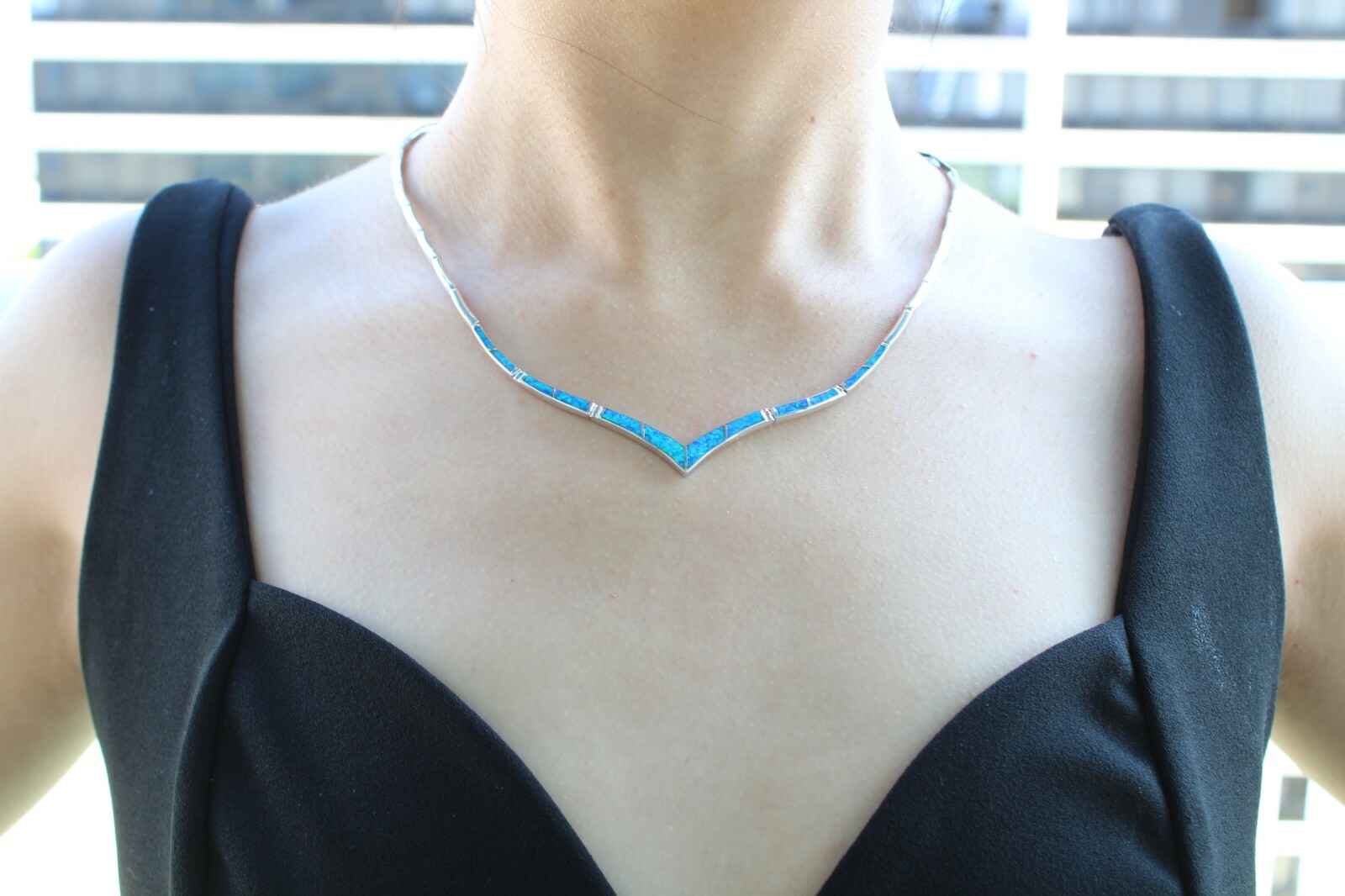 925 Sterling Silver V Necklace w Lab-Created Opal Blue Inlay – Rhodium Plated, S