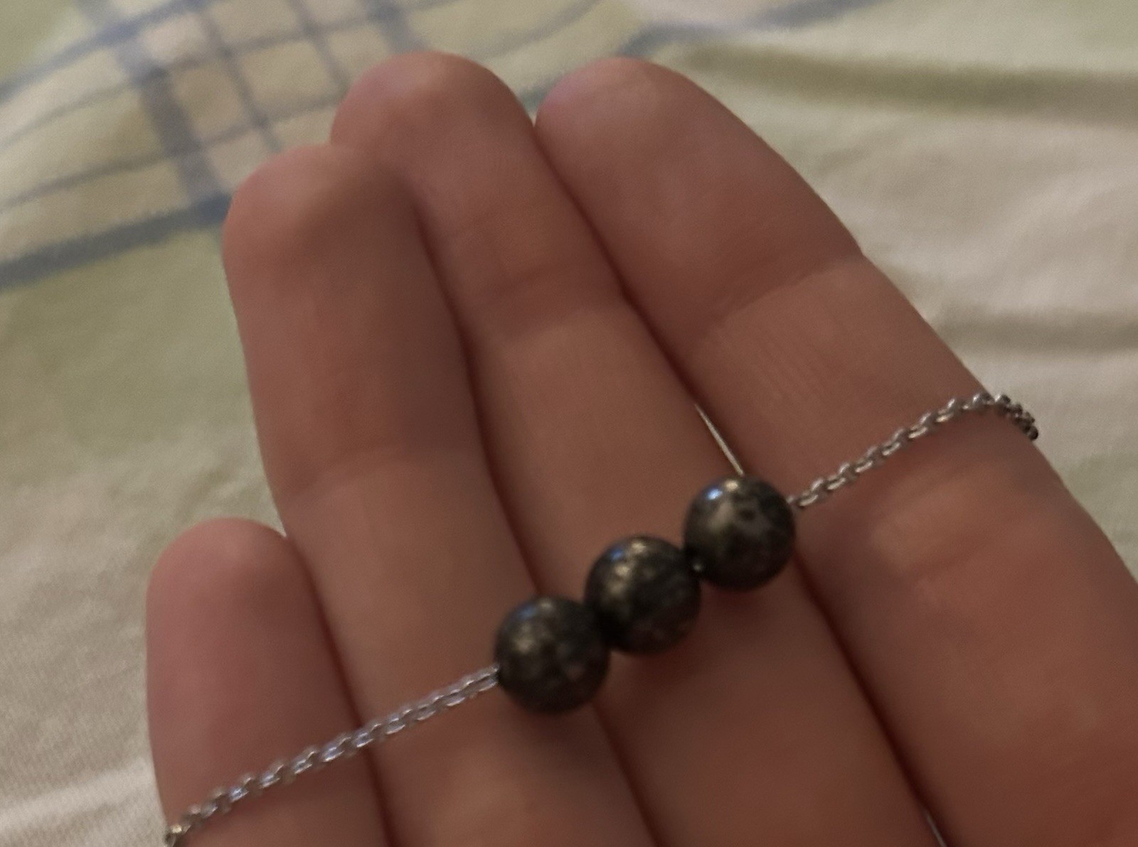 Silver Tone Cable Chain Charm Necklace 3 Black Round Beads Spring Ring Clasp
