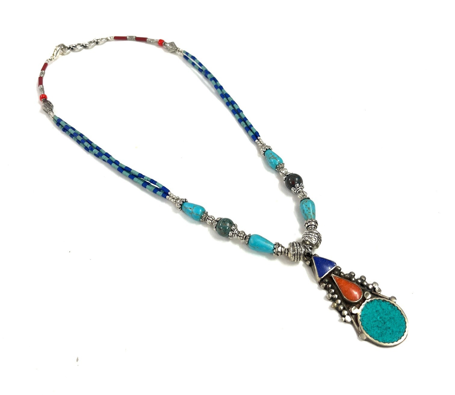 Tibetan Turquoise Lapis Gemstone Handmade Necklace Jewelry, 17 Inch Adjs