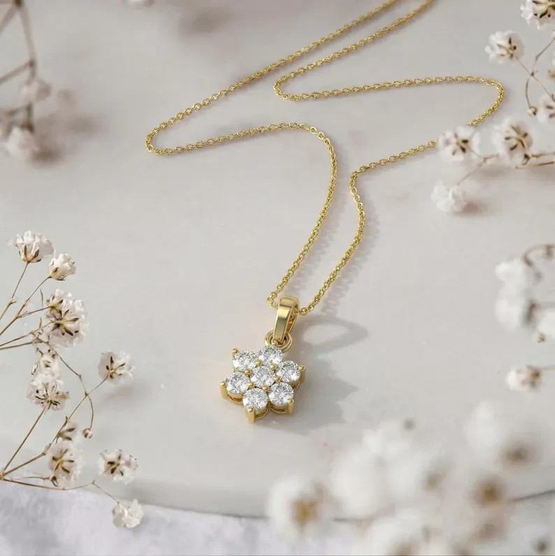 Flower Charm Pendant Necklace Round Simulated Diamond In 14k Yellow Gold Plated