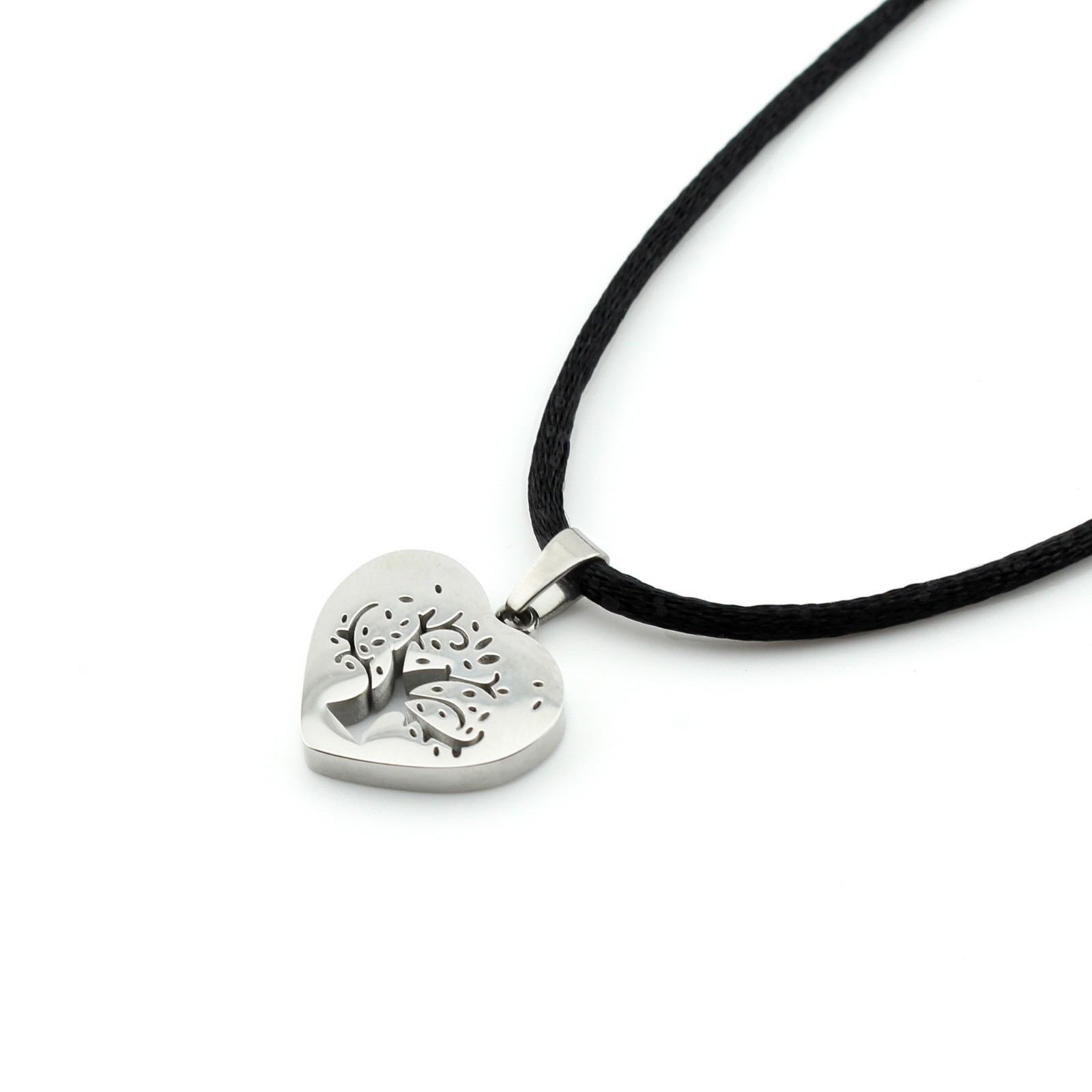 Stainless Steel Tree of Life Heart Pendant Necklace on Black Satin Silk Cord