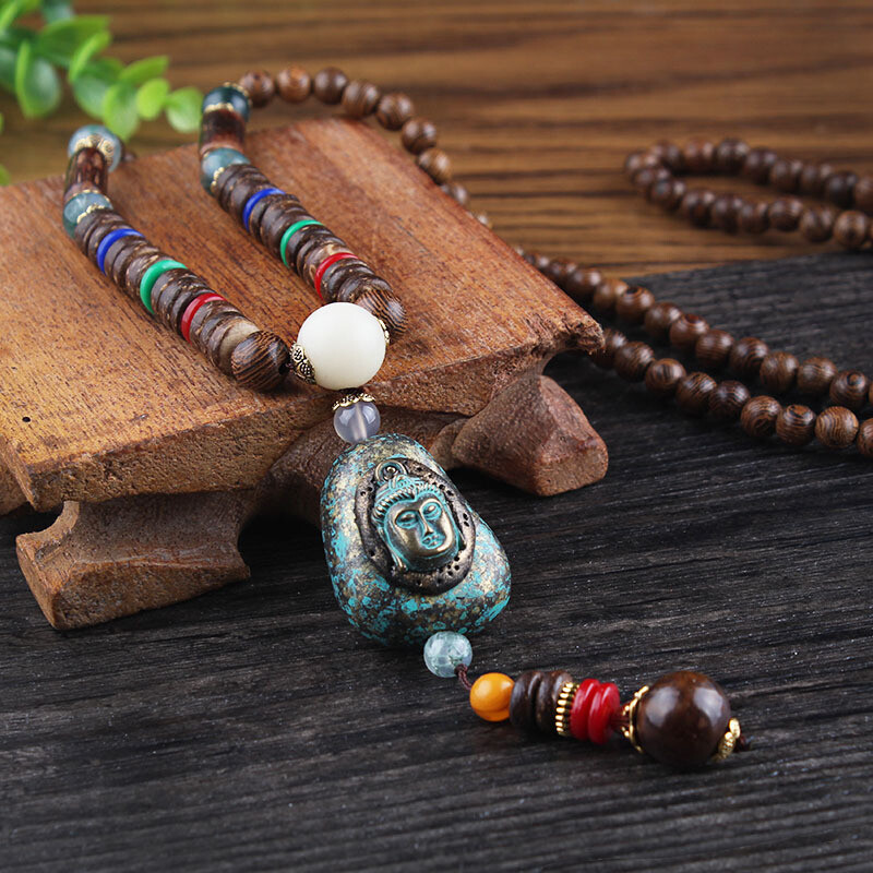 Nepal Long Buddhist Wood Beaded Pendant Necklace Ethnic Buddha Lucky Jewelry