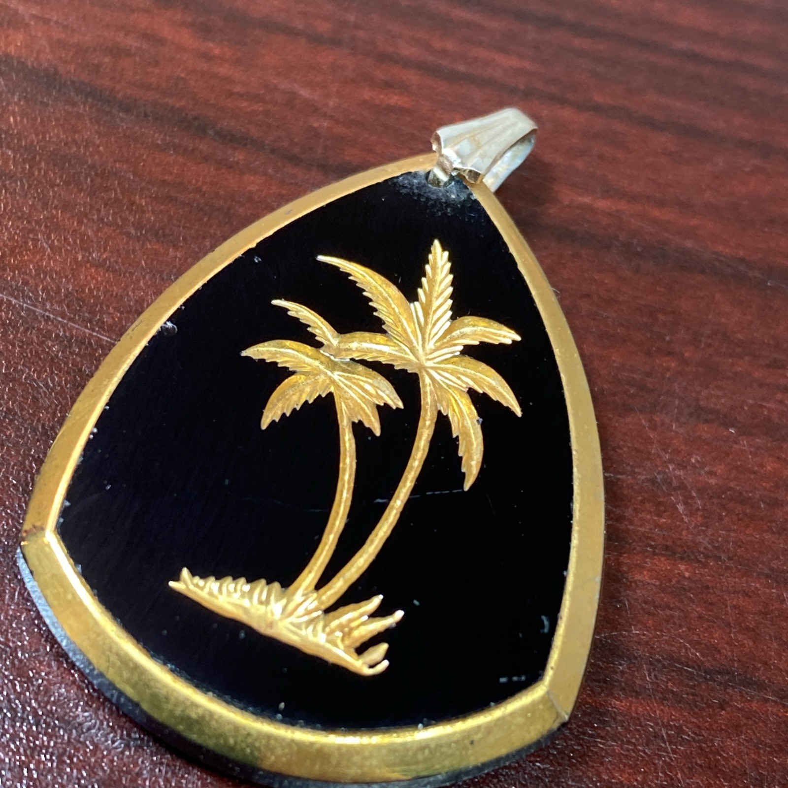 Vintage Golden Palm Trees Etched on Jet Black Glass Pendant Charm Germany 1.25”