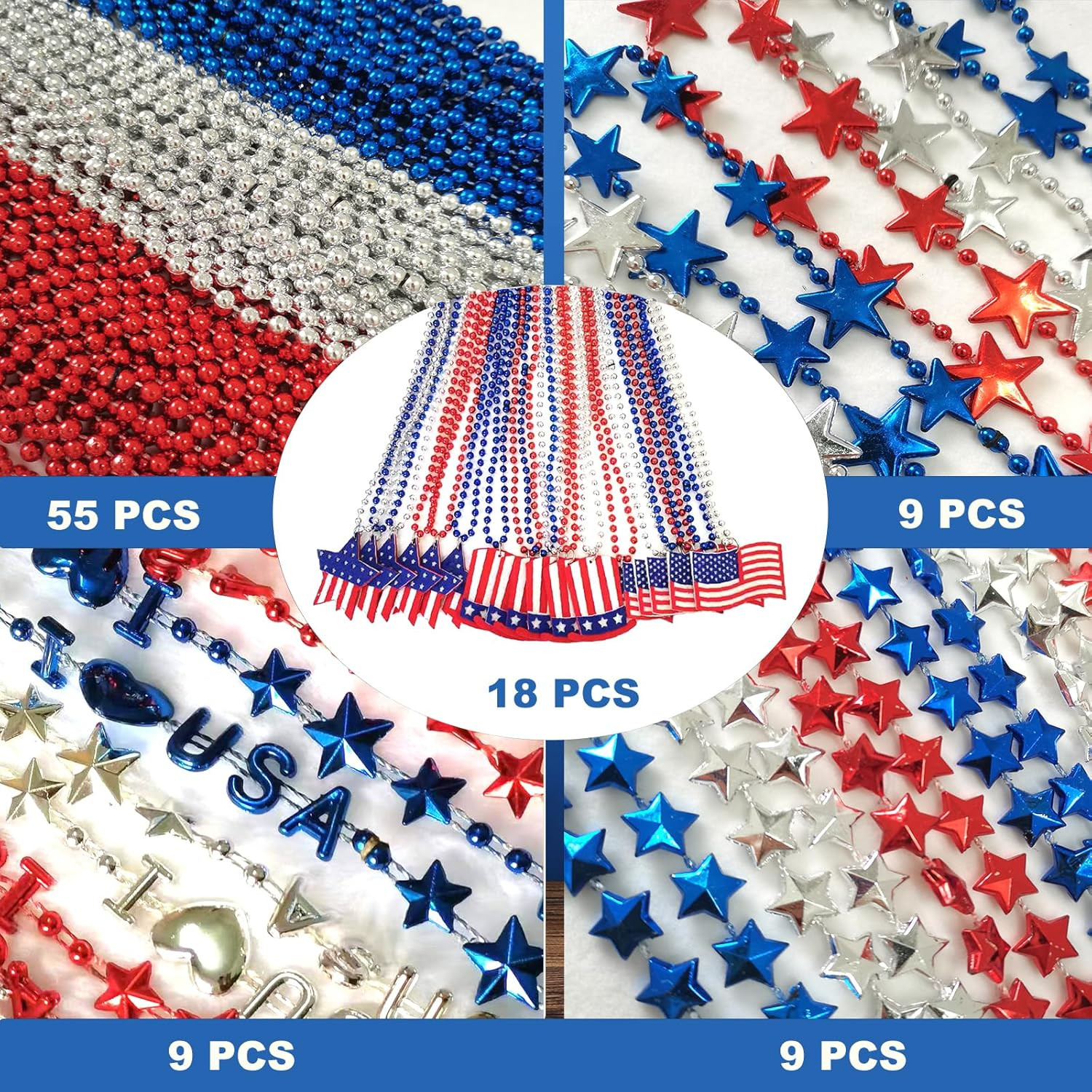 100 Pcs 4Th of July Bead Necklaces, Blue Red Silver Patriotic Beaded Necklaces P