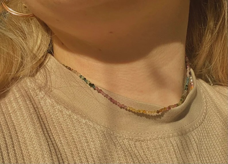 Watermelon Tourmaline 2mm Beaded Choker Healing Dainty Women Boho Necklace Gift