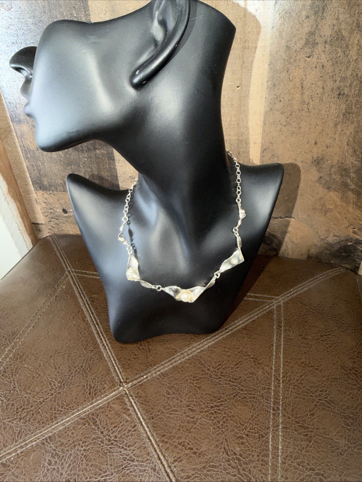 Daniel by Design Sterling Silver 925 Ribbon Wave Faux Pearl Choker Necklace 16”