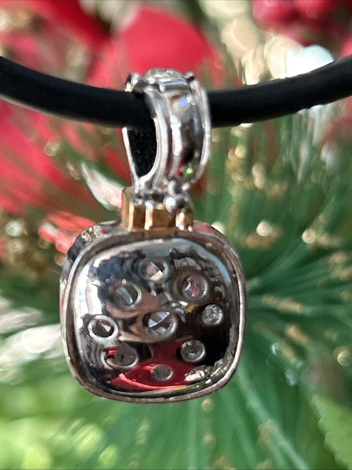 Gold And Silver Tone Square Pink Lab Diamond Pendant Necklace On Black Cord 16”