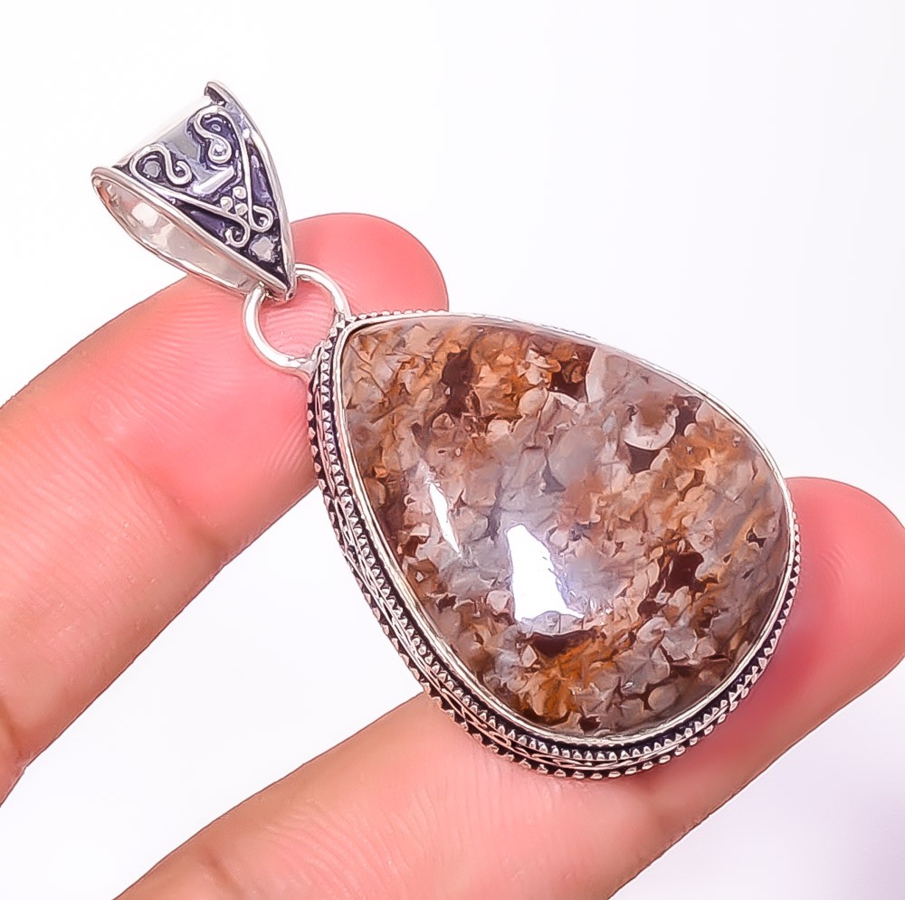 Natural Fine Art Coffee Bean Jasper 925 Silver Plated Bali Pendant 2.11″ P4491