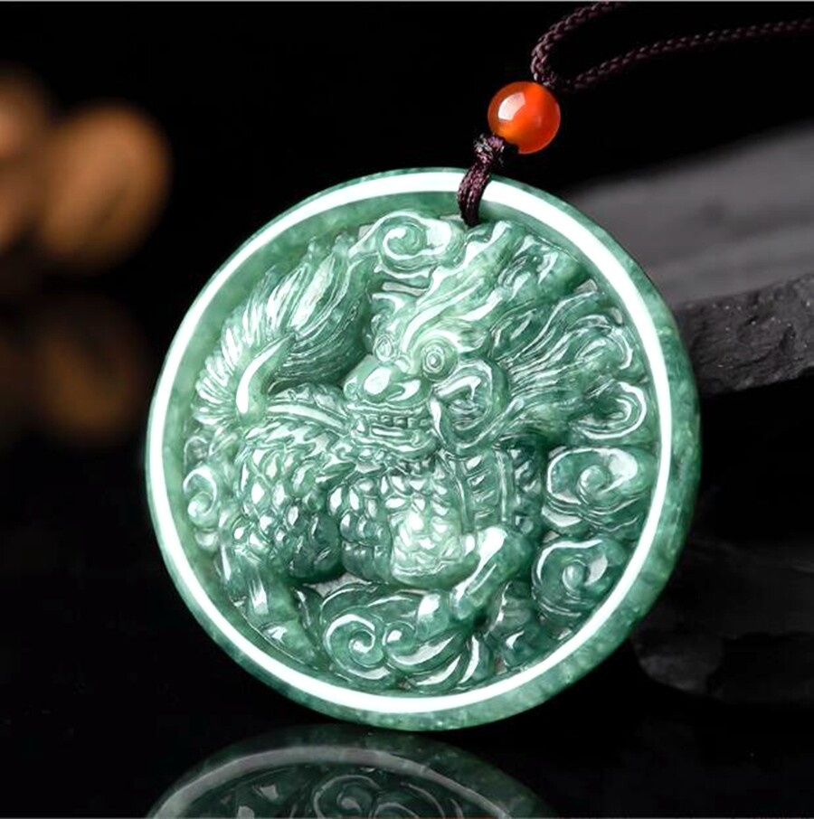 Certified Natural Green Burma Grade A Jade jadeite Carved Kirin Pendant Necklace