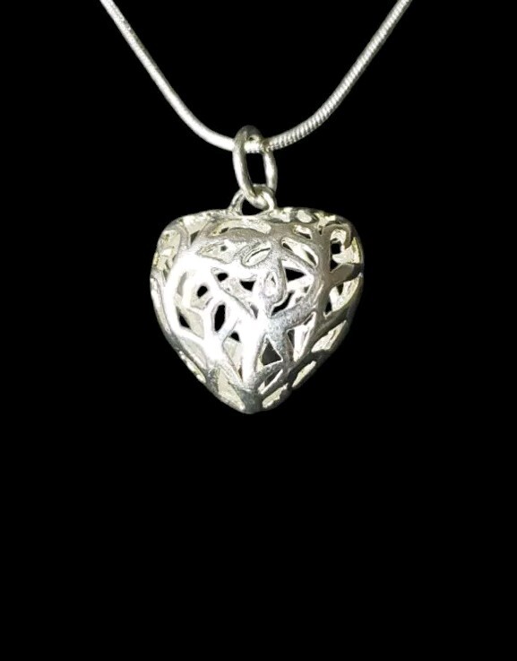 18″ x 1mm Sterling EP Snake Chain w 24mm Sterling EP Open Work 3D Heart Pendant