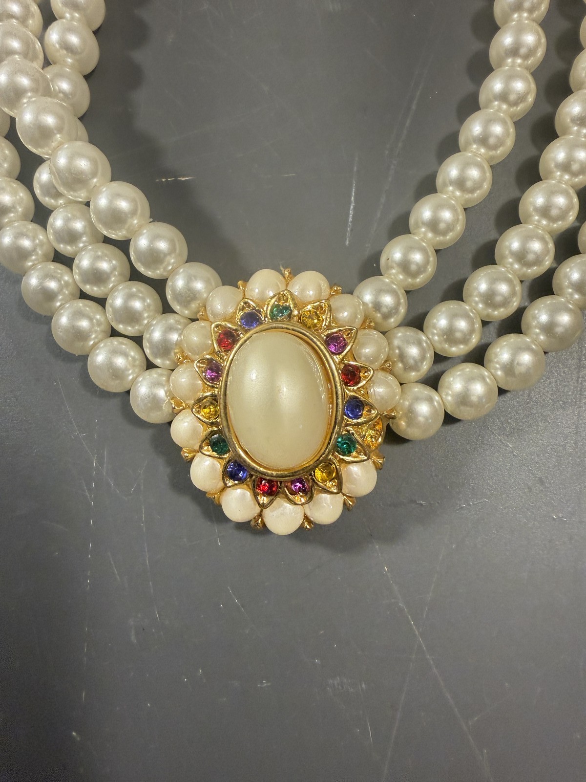 Vintage Triple Strand Faux Pearl Necklace Gold Tone Multi-Color Rhinestone