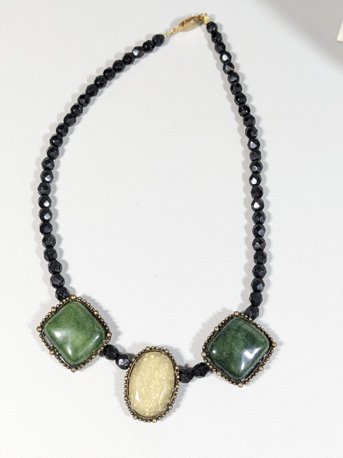 Black Glass Bead green Ivory Color Acrylic Square Oval Cabochon Necklace 16.5 in