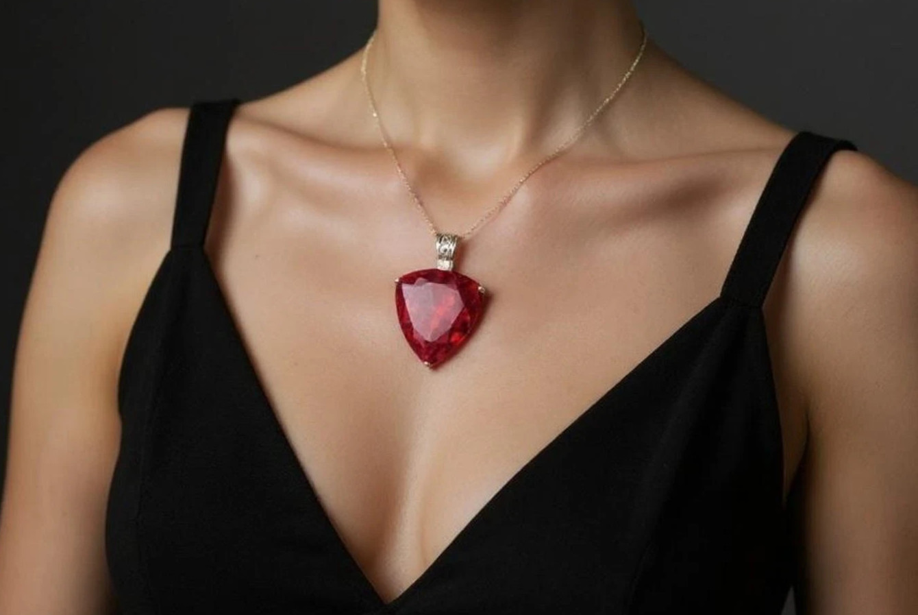 37 Ct Natural Ruby Trillion Necklace Silver Jewelry Handmade loose Gemstone