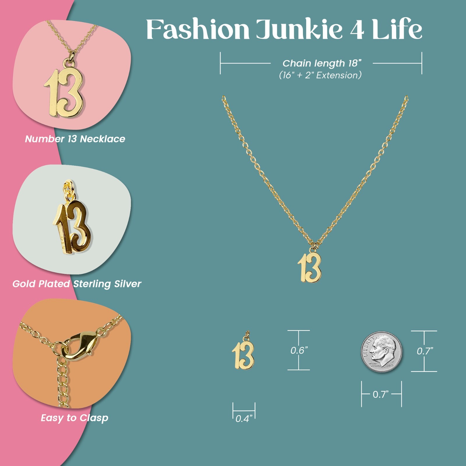FashionJunkie4Life Gold Plated Number 13 Pendant with 18″ Chain