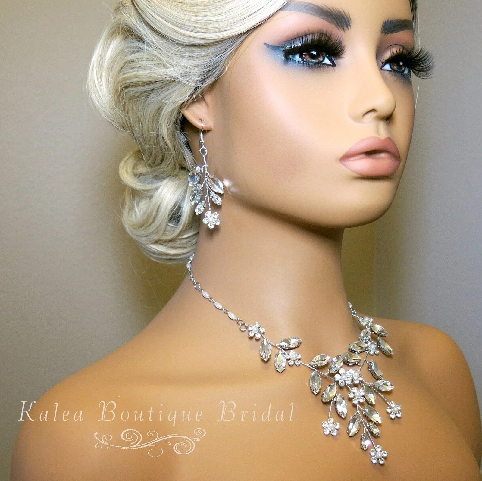 Wedding 3 PC Crystal Wire Jewelry Set, Bridal Floral Gem Necklace and Earrings
