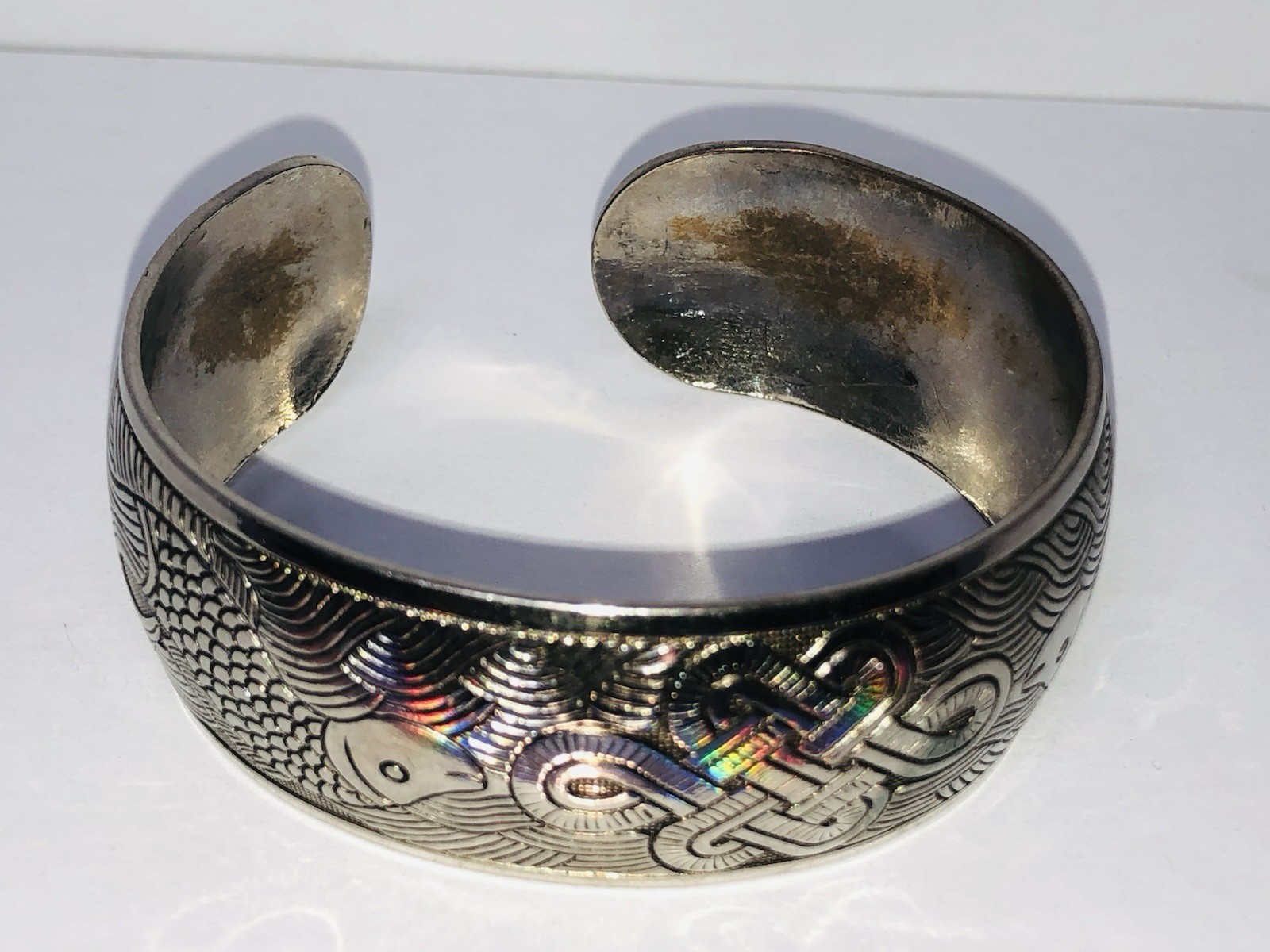 VTG Bangle Bracelet Silver Tone Etched Celtic Knot and Fish Design Open Cuff