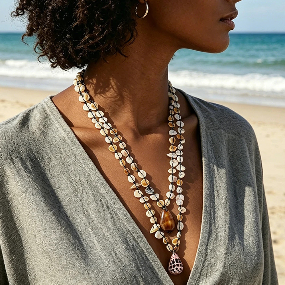 Bohemian Handmade Shell Conch Pendant Necklace for Women Double-layer Long Neckl