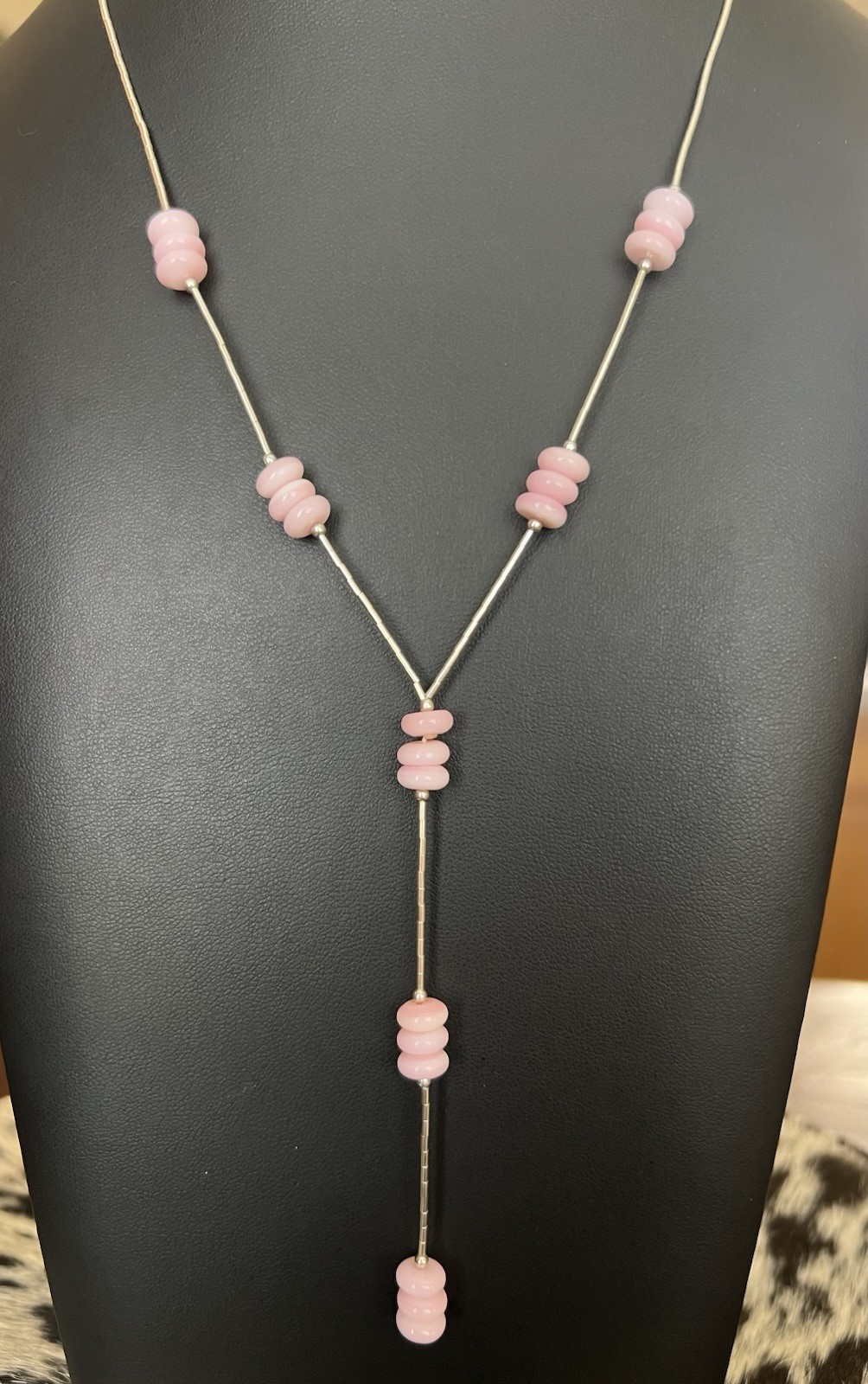 Pink Conch & Sterling Liquid Silver Lariat Necklace 18”