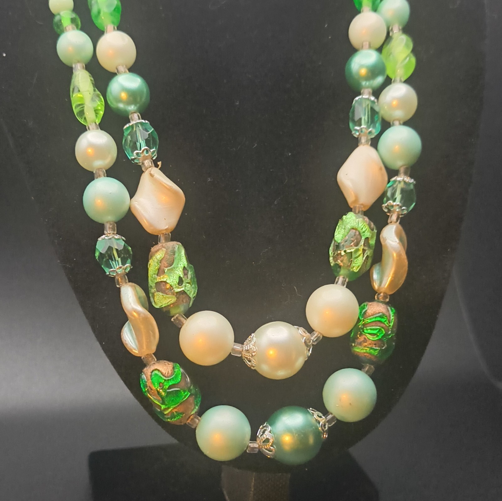 Layered Beaded Marked Japan Statement Necklace Green Glass Bead Round Pearl Hook