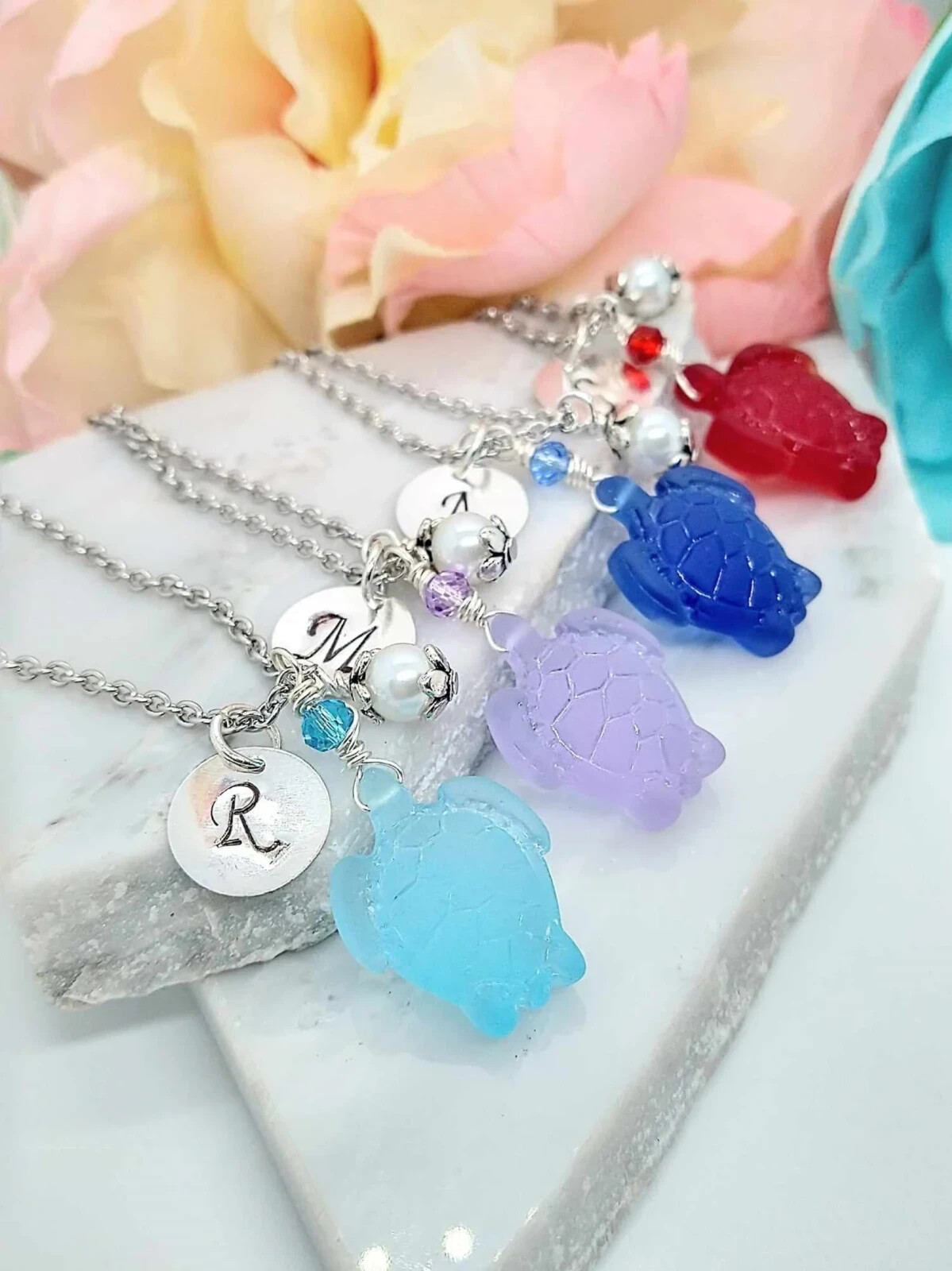 Personalized Sea Glass Turtle Necklace, Customizeable Beach Jewelry, Gift