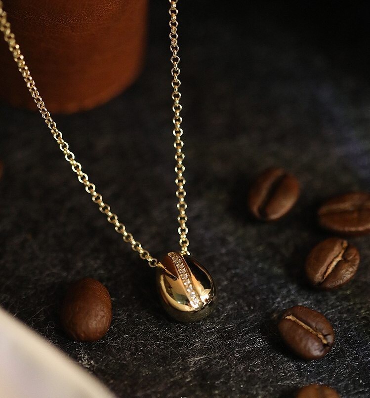 Coffee Bean CZ Pendant Necklace Choker Chain Gold Over 925 Sterling Silver N34