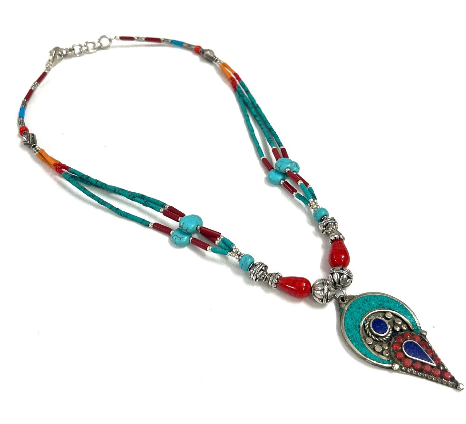 Antique Turquoise Coral Gemstone Tibetan Boho Necklace Jewelry, 17 inch Adjus