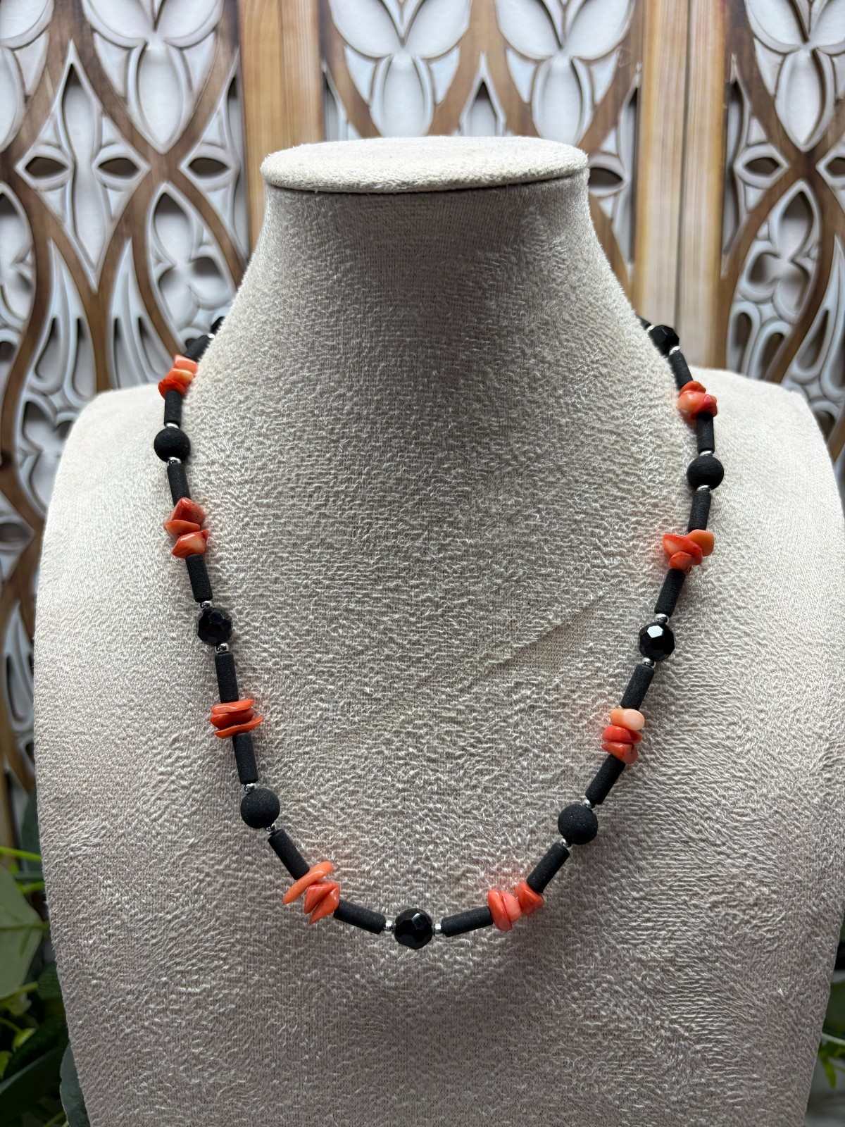 Vintage Coral, Lava Rock & Glass Beaded 18″ Necklace 16g Boho Retro Quirky