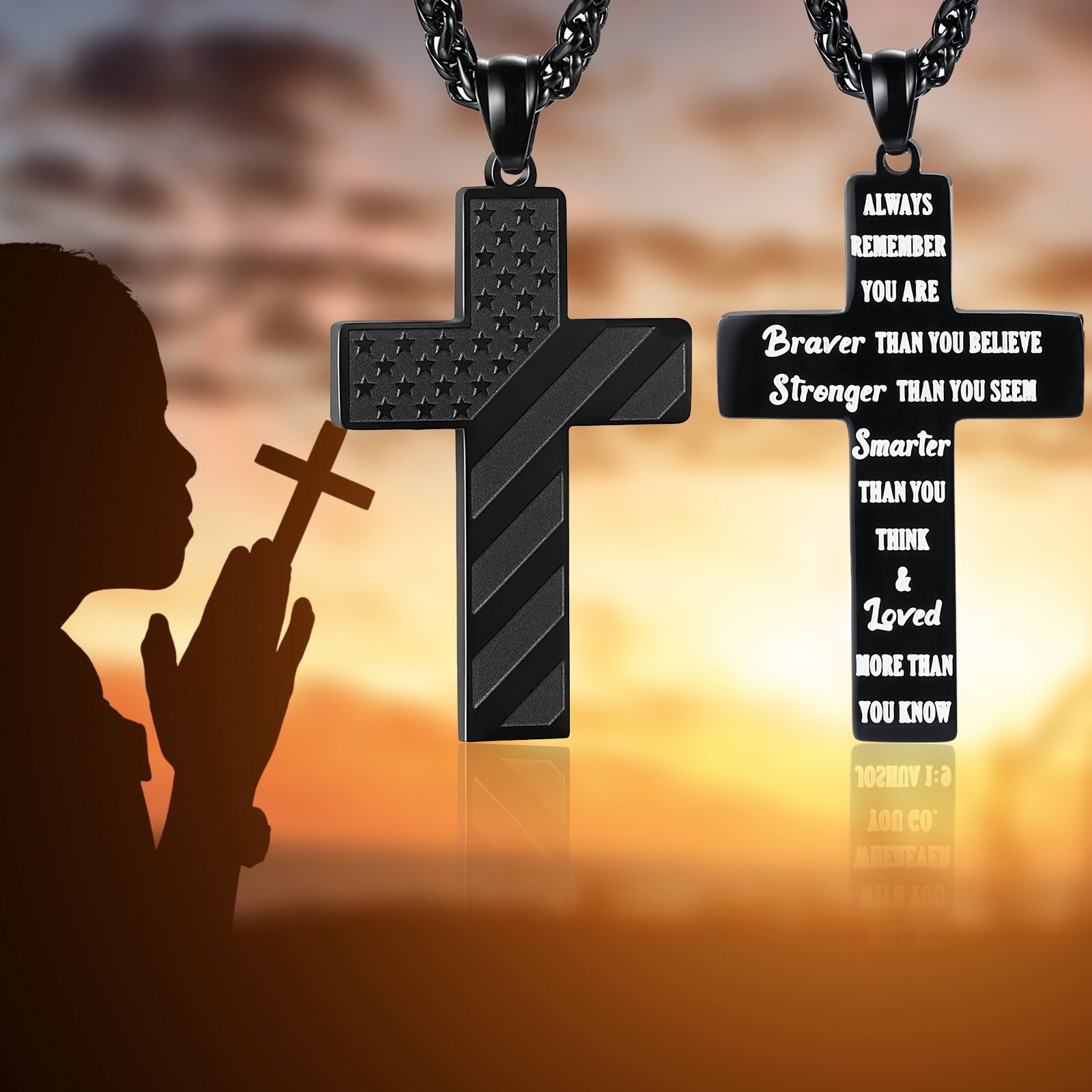 Mens Boys Inspirational Black American Flag Cross Pendant Bible Verse Necklace
