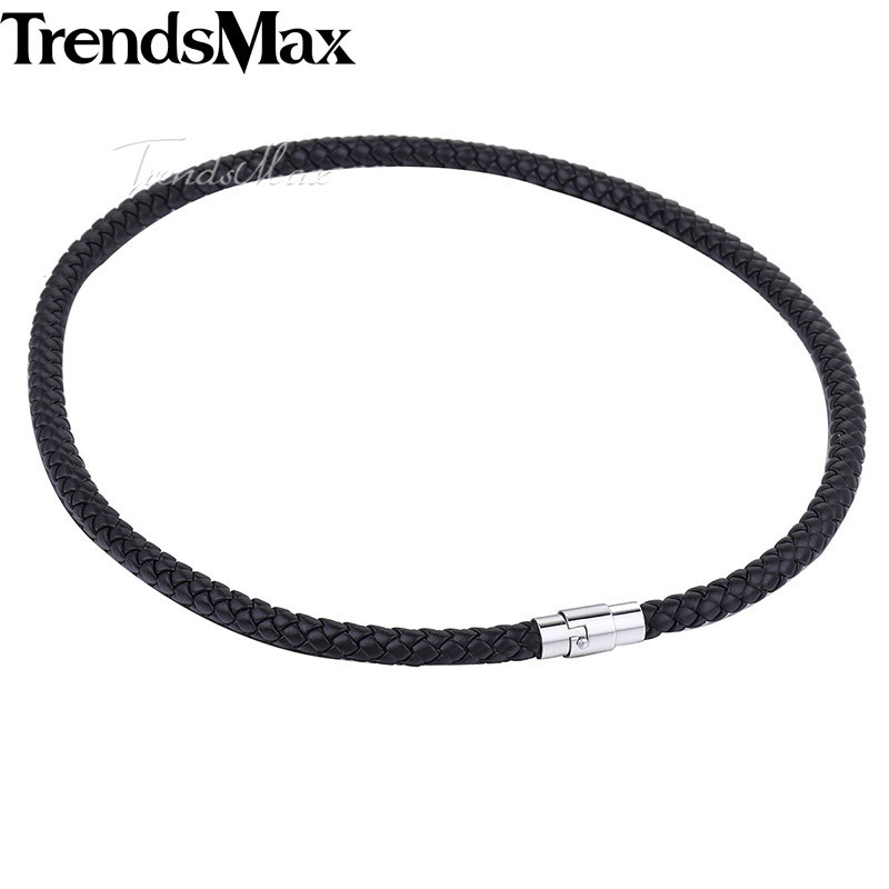 4/6/8mm 16″-36″ Black Braided Leather Cord Necklace Choker Steel Magnetic Clasp
