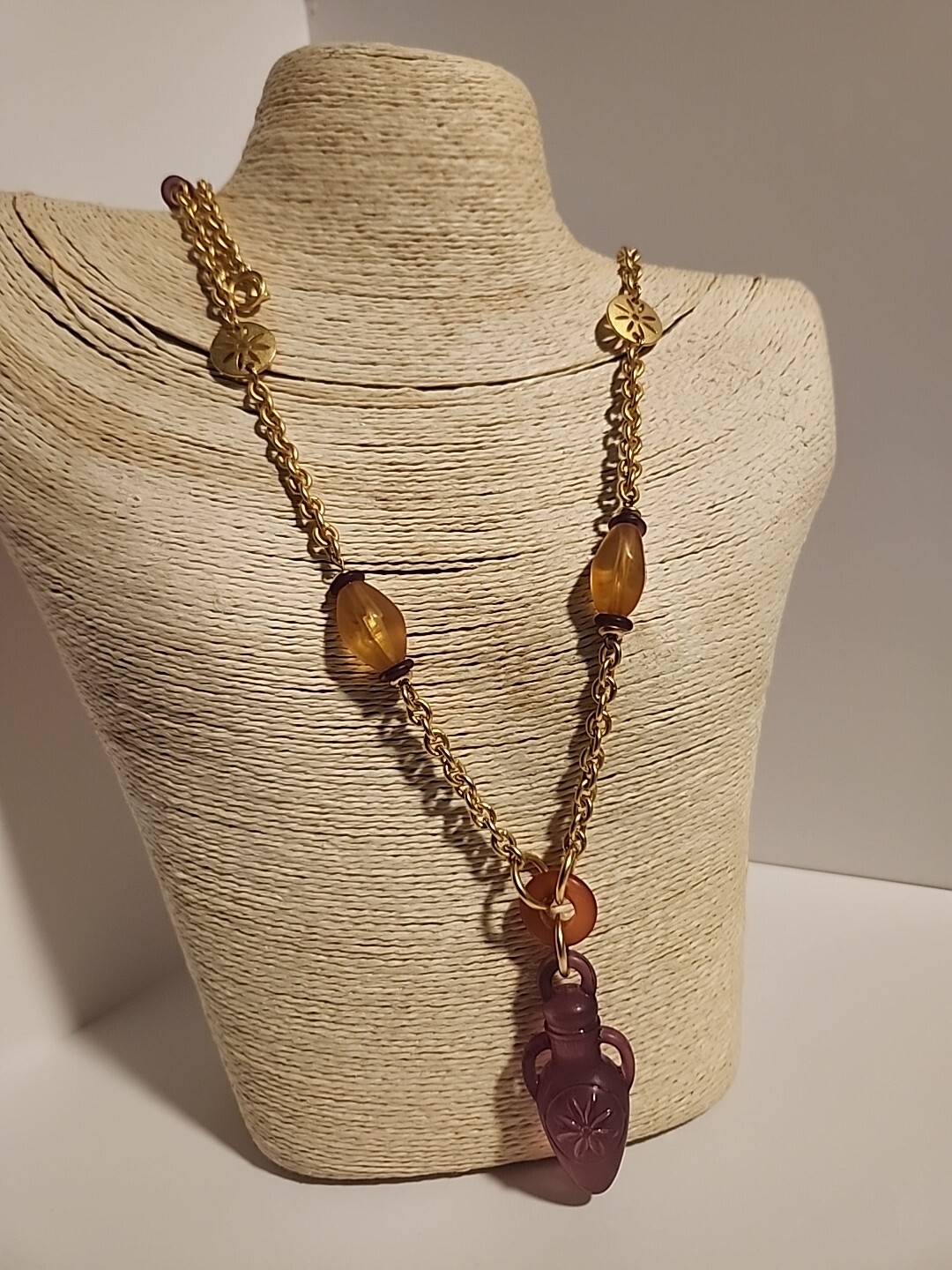 Vtg Liz Claiborne Purple Vase Gold Bakelite Bead Necklace 36″ Long