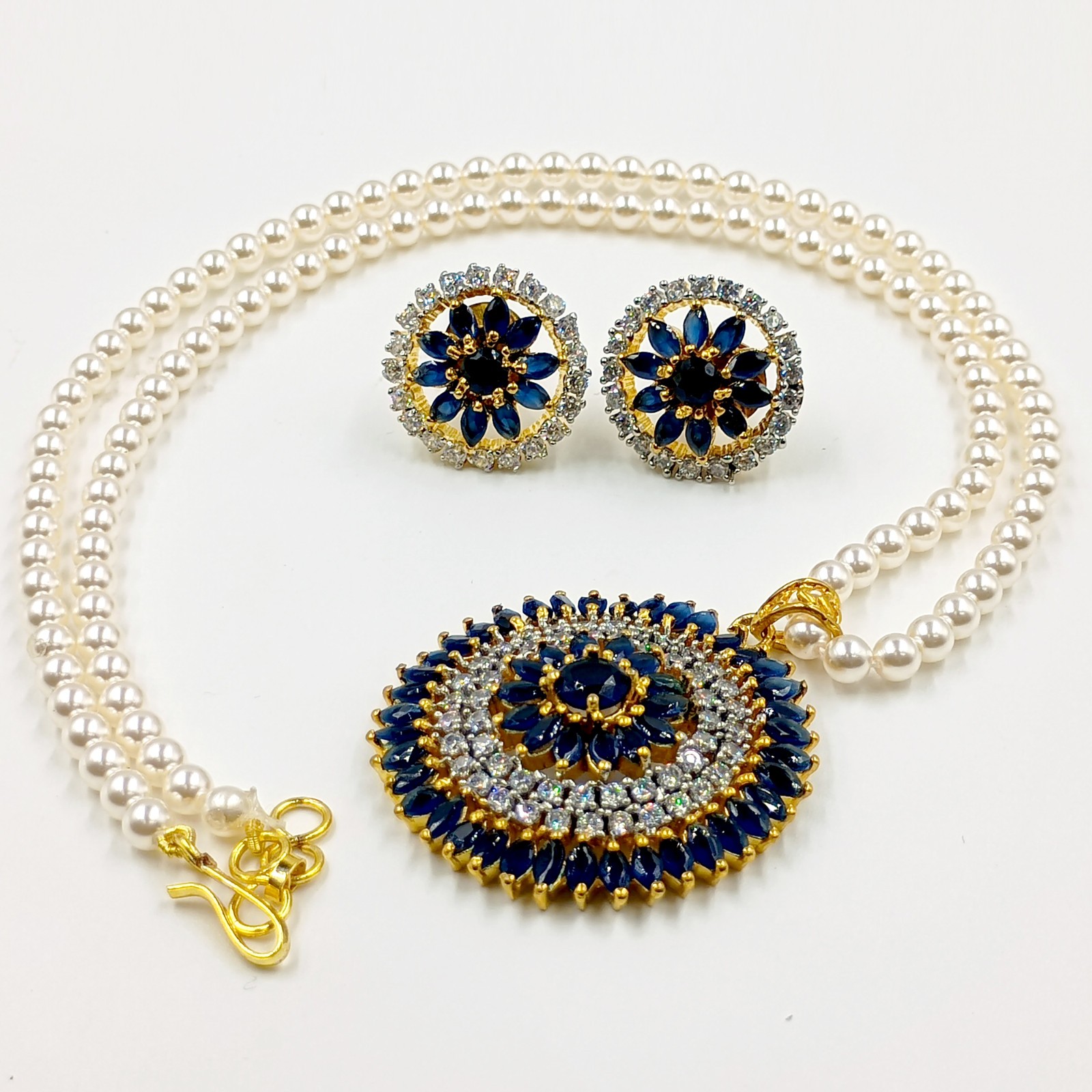 Traditional 22k Gold Plated Sapphire CZ Diamond Bridal Pendant Set Wedding Jewel