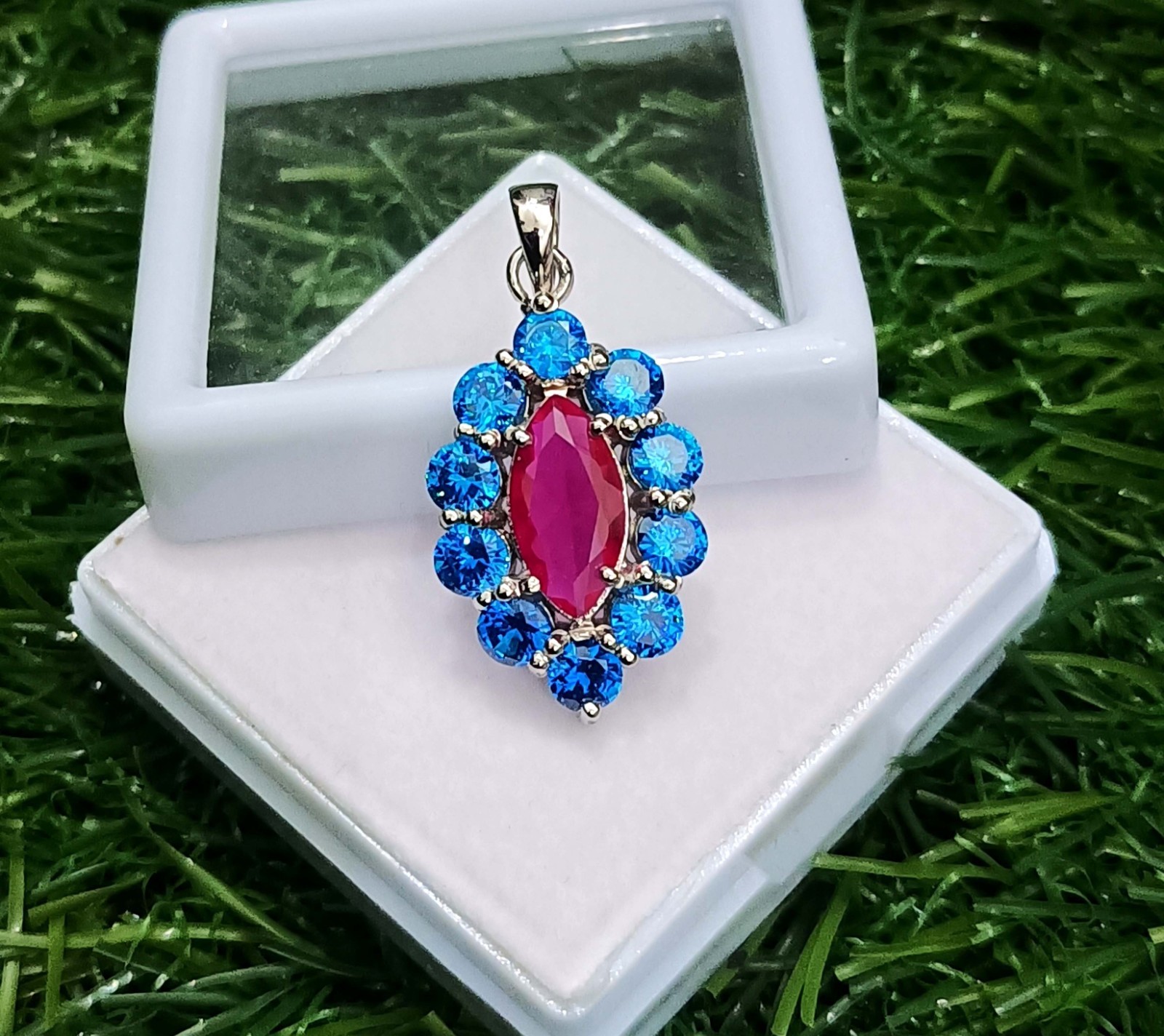 15 Ct Ruby Marquise Cut & Blue Sapphire Pendant 925 Sterling Silver With Chain