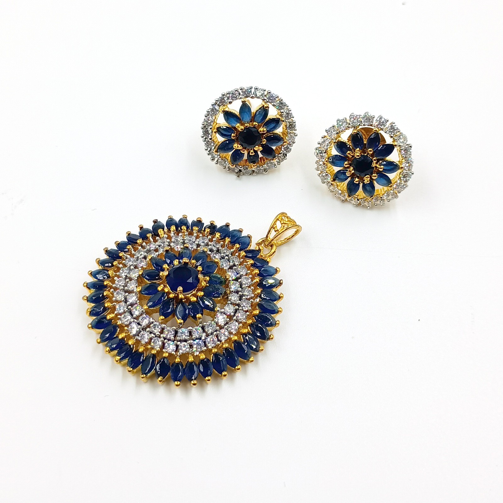 Traditional 22k Gold Plated Sapphire CZ Diamond Bridal Pendant Set Wedding Jewel