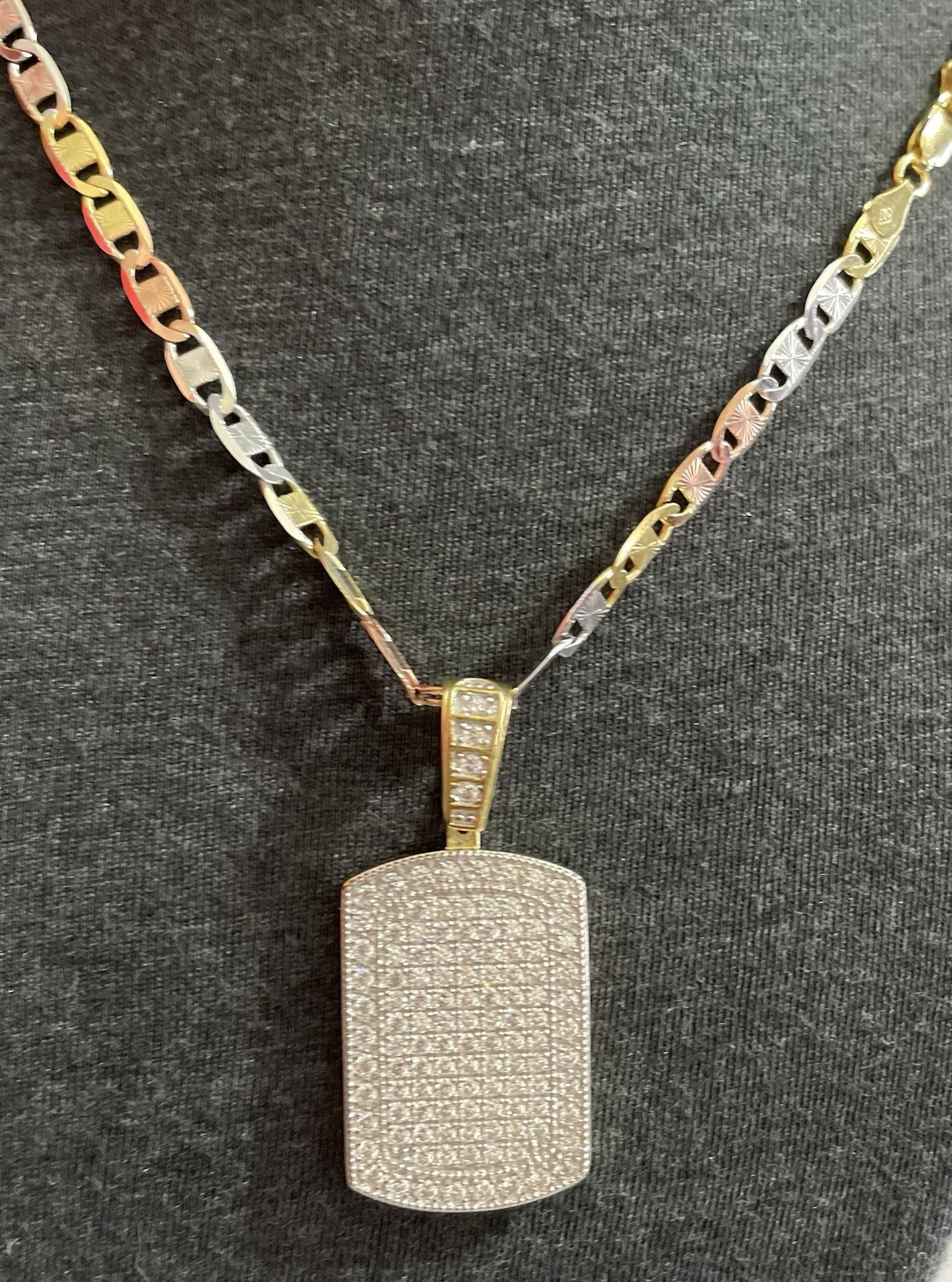 Tricolor Valentino Chain 22“ 14K/Sterling Silver CZ Encrusted Dog Tag Pendant ￼