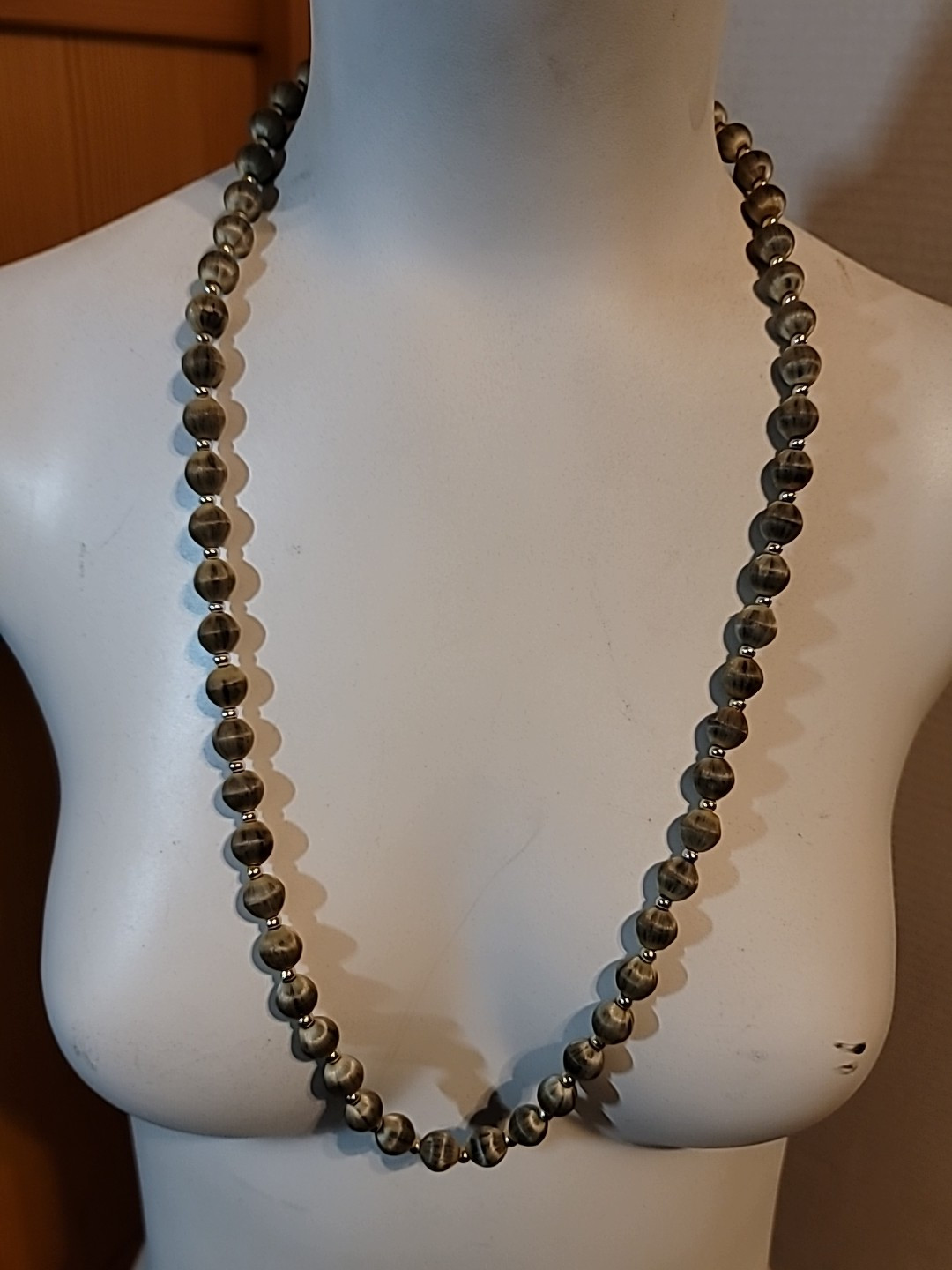 Grey Silk Satin Thread Beaded Necklace Gold w/ Toned Beads