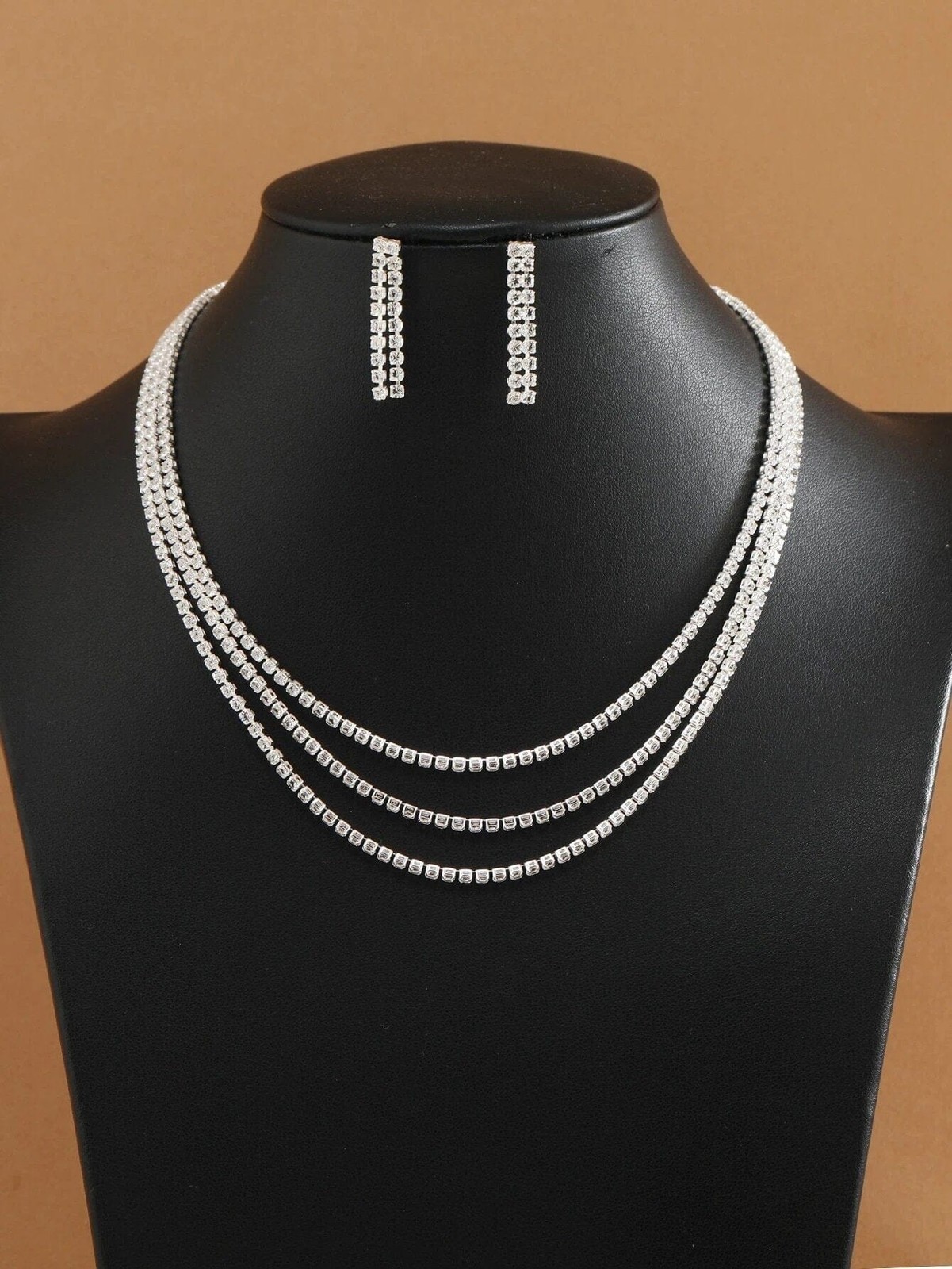 Bridal Rhinestone Crystal Multi Layer Necklace and Earrings 3 PC Jewelry Set