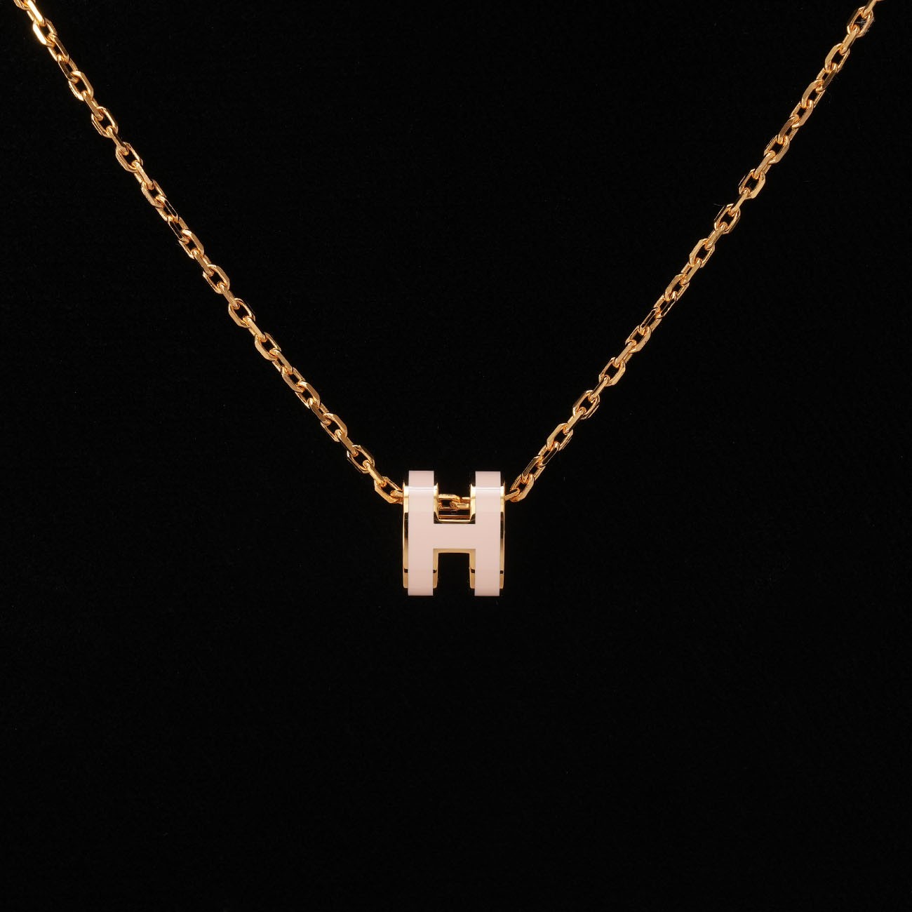 100% Authentic Hermès Mini Pop H Pendant Rose Eglantine Gold Plated Necklace