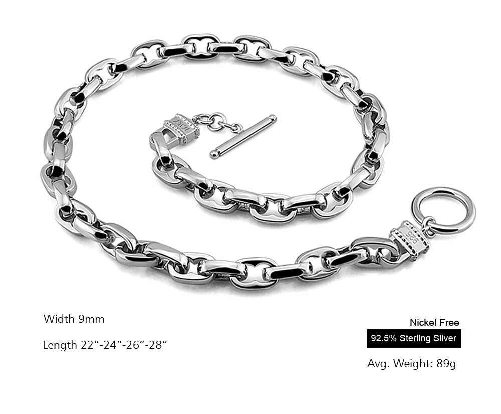 925 Sterling Silver Oval Link Chain Two Locks Necklace T/O Clasp for Men & Women