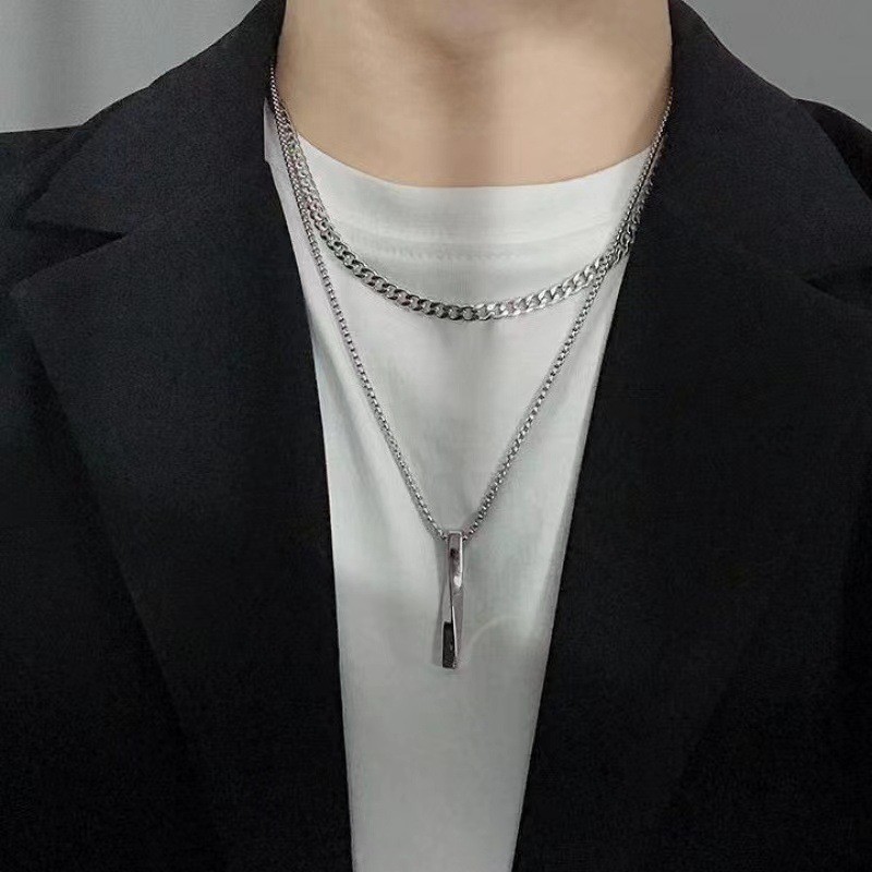 Double Cuban Chain Vertical Bar Pendant Necklace Silver Minimalist Men Jewelry
