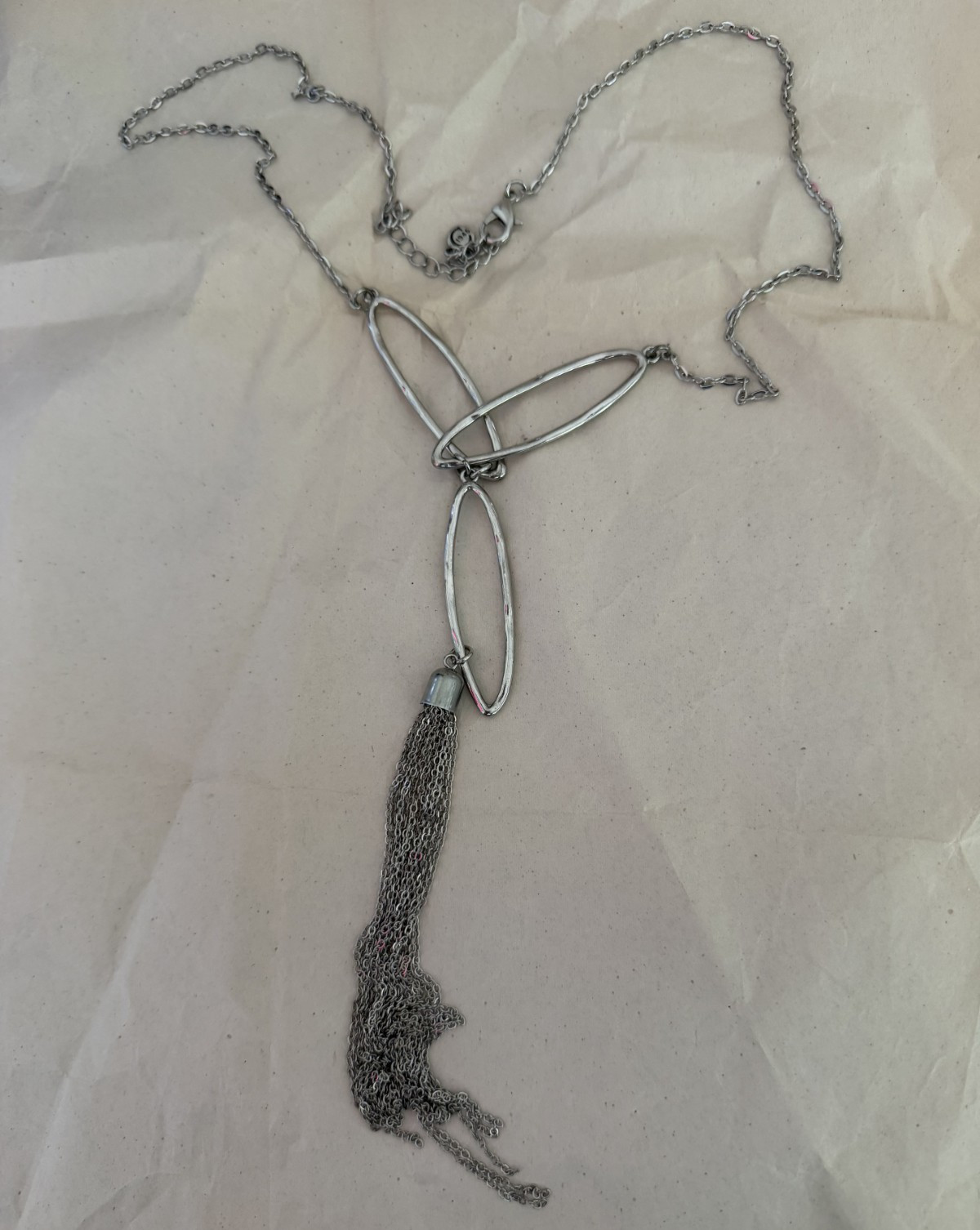 Silver Tone Metal Tassel Pendant Necklace, Cable Chain, No Stone